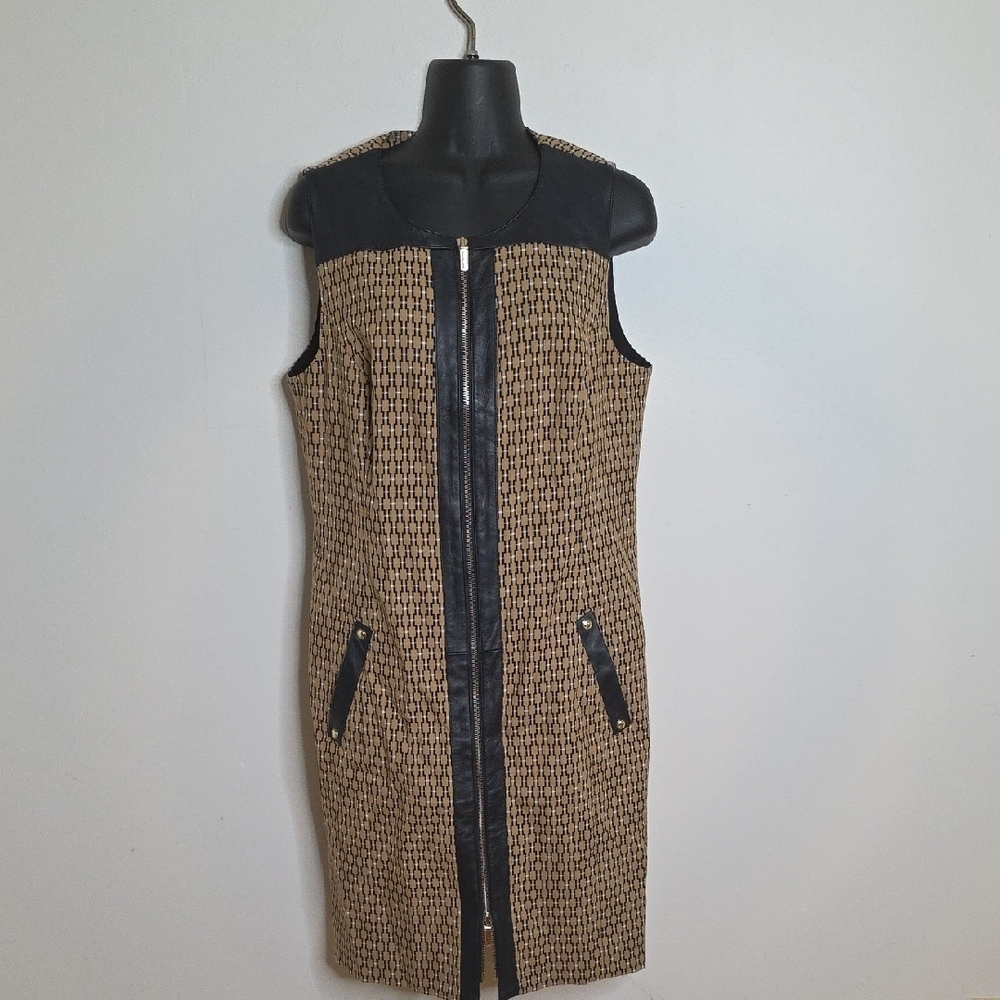 Etcetera Elegant Tan and Black Leather Sleeveless Dress NwOt Sz 8